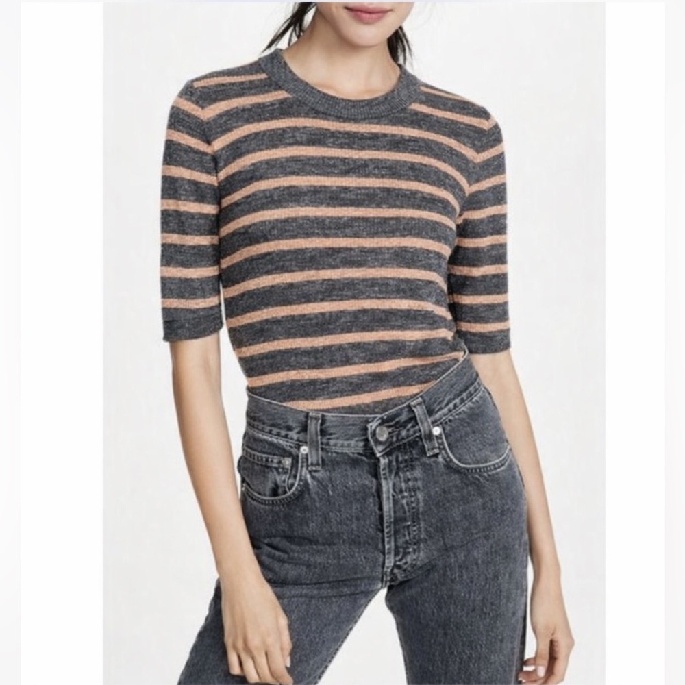 Veronica Beard Dean Linen Knit Half Sleeve Gray Stripe Pullover Top M